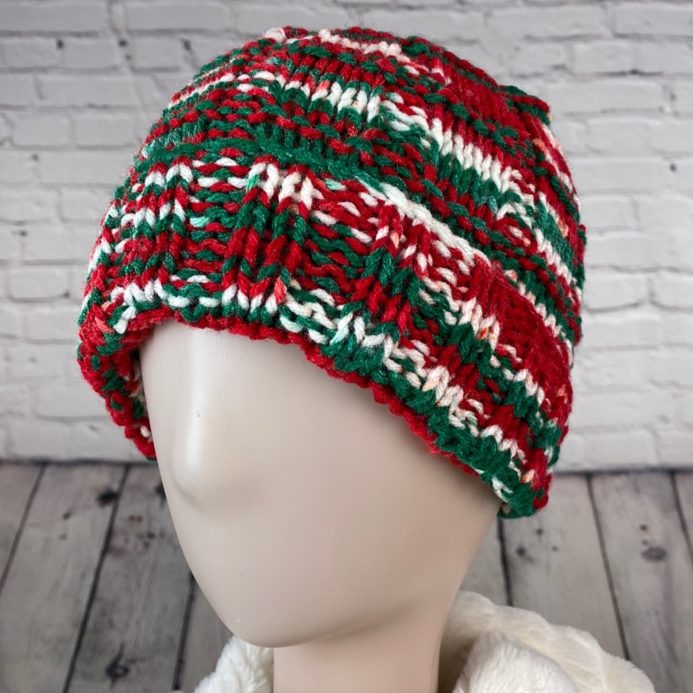 Homemade Red & White & Green Crocheted Knit Yarn Hat